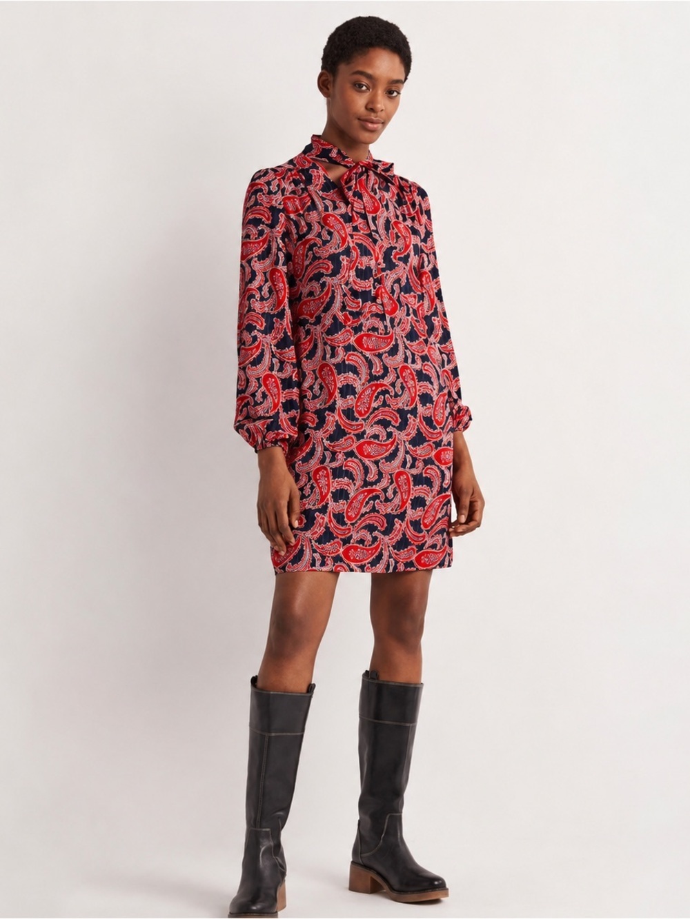 Boden Tie Neck Mini Dress Size 14R Red Paisley Cluster Tie Neck